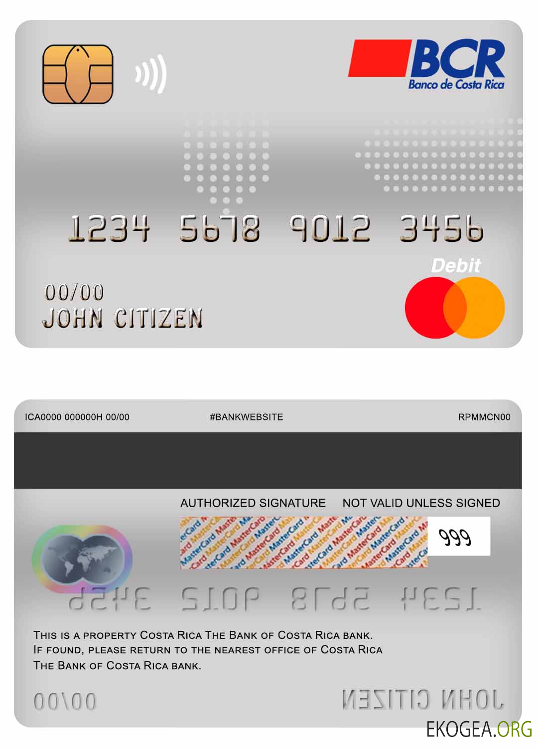 Costa Rica Carte de débit principale de la Banque du Costa Rica template Costa Rica Carte de débit principale de la Banque du Costa Rica template